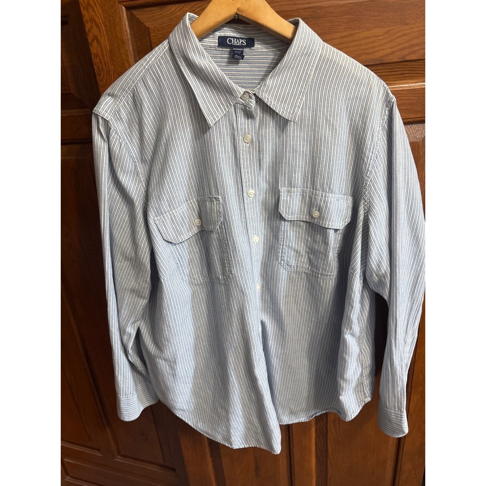 Chaps Denim Womens 2X Blue White Striped Button Down Shirt 100% Cotton Pockets